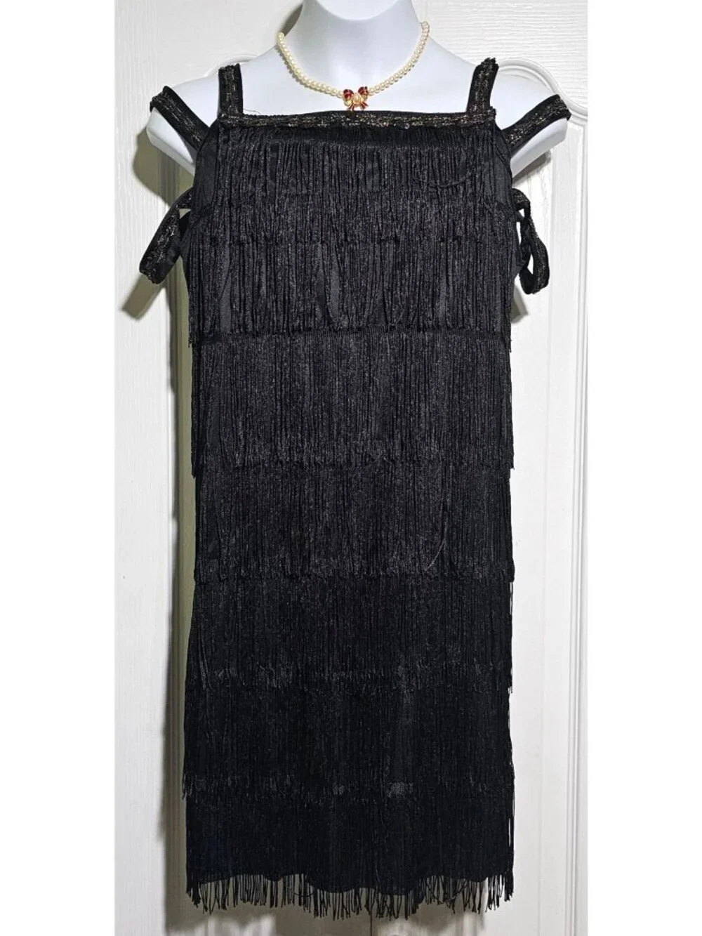 Roaring 20s Flapper Costume Girls 12-14 Great Gatsby Dress Black Red Boa Gloves - Picture 2 of 6